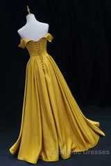 Yellow A-Line Simple Satin Off Shoulder Evening Prom Dresses, Yellow Satin Formal Dresses
