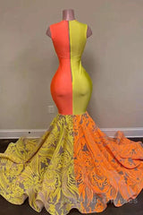 Yellow and Orange Mermaid Evening Prom Dresses Lace Long On Sale