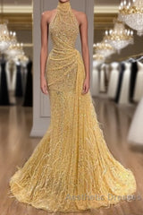 Yellow Evening Dresses Long High Neck Sparkly Feather Luxury Bling Evening Gown Formal Evening Prom Dresses
