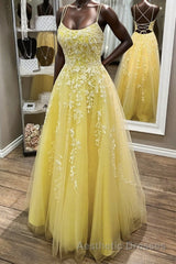 Yellow Lace Backless A Line Long Evening Prom Dresses Open Back Formal Dresses Yellow Evening Dresses