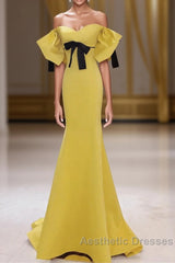 Yellow Mermaid Sweetheart Evening Prom Dresses, Off Shoulder Yellow Evening Dresses