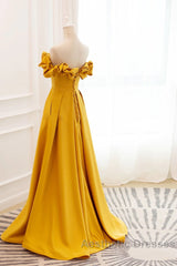 Yellow Satin A-Line Sweetheart Off Shoulder Party Dresses, Yellow Long Evening Prom Dresses