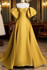 Yellow Satin Long Evening Prom Dresses, Off The Shoulder A-Line Evening Party Dresses