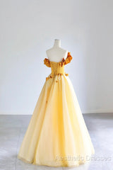 Yellow Tulle Applique Long Evening Prom Dresses, Off The Shoulder Sleeveless Backless Long Formal Evening Dresses