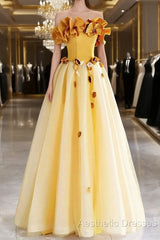 Yellow Tulle Applique Long Evening Prom Dresses, Off The Shoulder Sleeveless Backless Long Formal Evening Dresses