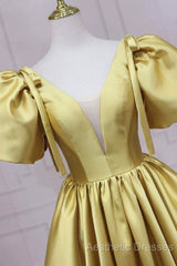 Yellow V-Neck Satin Long Evening Prom Dresses, A-Line Puff Sleeves Evening Party Dresses