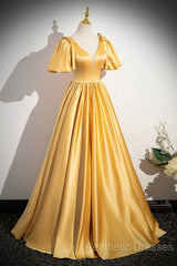 Yellow V-Neck Satin Long Evening Prom Dresses, Yellow A-Line Short Sleeve Evening Dresses