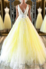 Yellow v neck tulle lace long Evening Prom Dresses yellow formal Dresses