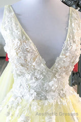 Yellow v neck tulle lace long Evening Prom Dresses yellow formal Dresses