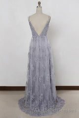 Spaghetti Straps Long Lace Evening Prom Gown, A Line V Neck Sleeveless Formal Dresses
