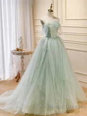 Zoom Light Green Tulle Beaded Sweetheart Long Evening Prom Dresses, A-Line Green Formal Dresses